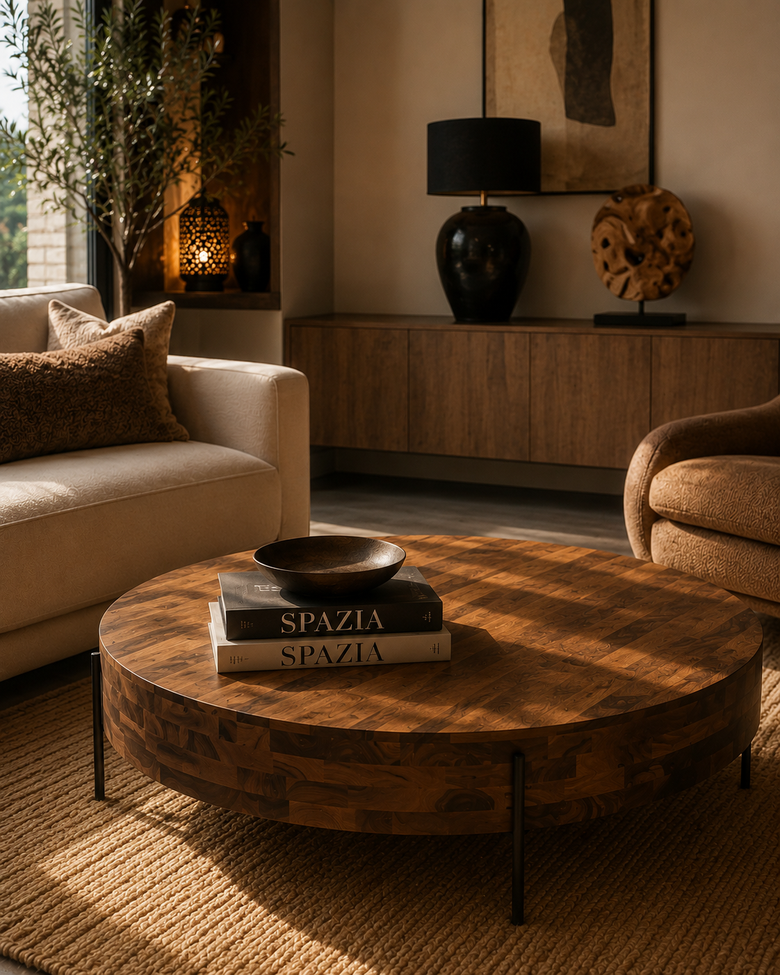 Table basse ronde — mosaïque de bois