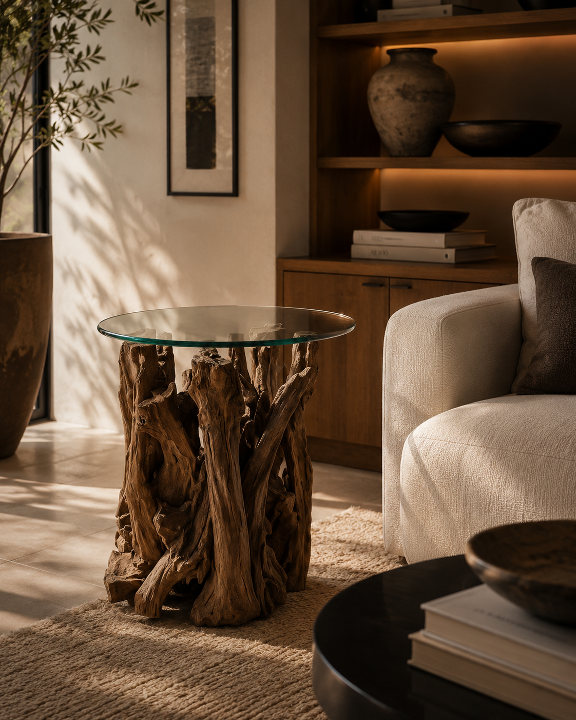 Table d’appoint Racines — plateau verre — vue 1
