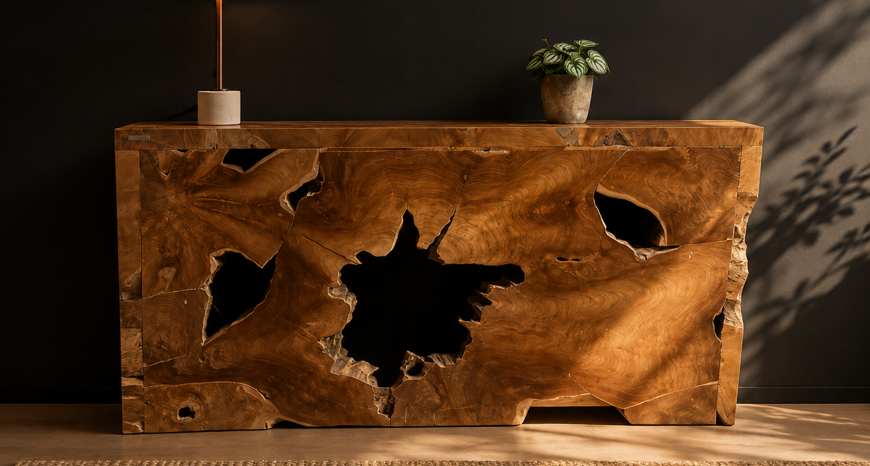 Console — bois massif ajouré — vue 1