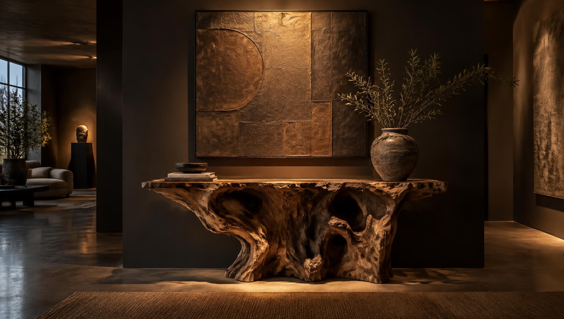 Console sculpturale en racine de teck dans la galerie SPAZIA